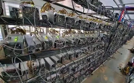 Rows of Bitcoin mining rigs in a large warehouse setting, illustrating the scale of a modern mining operation