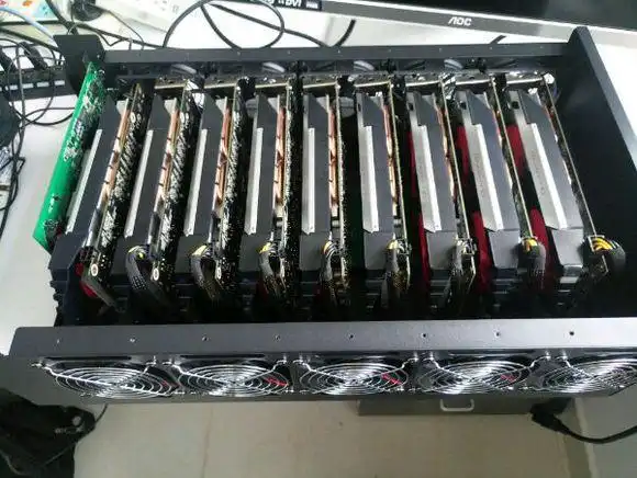 A modern mining farm with rows of specialized mining rigs operating efficiently, illustrating the infrastructure behind Dogecoin mining hosting.
