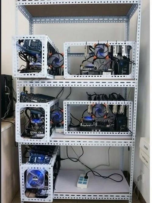 An exemplary Bitcoin mining rig setup, emphasizing efficient hardware and cooling solutions